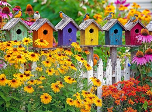 Cross & Glory – A Fence Full of Song – 1000 Piece Jigsaw Puzzle for Adults | Colorful Birdhouses, Garden Flowers & Butterflies | Bright Nature Puzzle