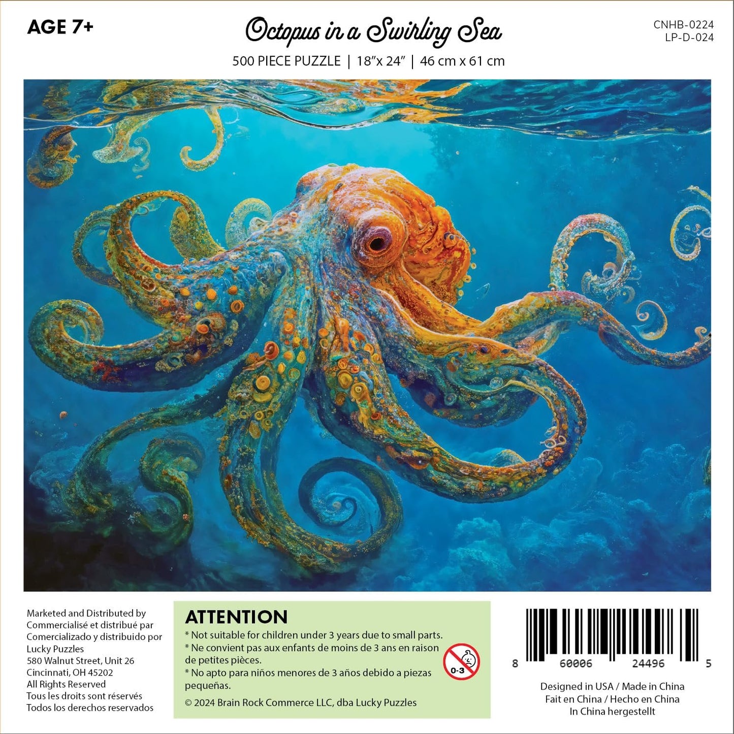 Lucky Puzzles Octopus in a Swirling Sea | 500 Piece Jigsaw Puzzle for Adults | Best New Marine Artwork Puzzle | Unique Brain Teaser | 18 x 24 Inches