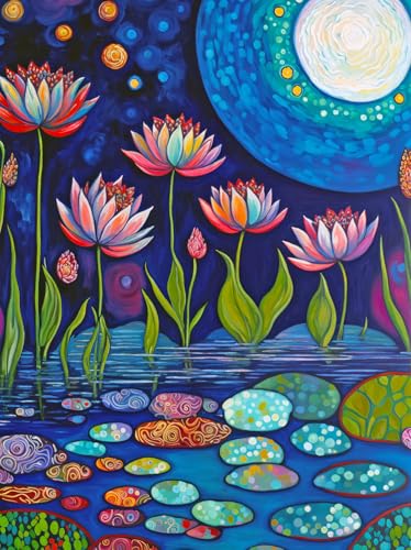 Lucky Puzzles 'Moonlit Water Lilies' | 500 Piece Jigsaw Puzzle for Adults | Stunning Artwork of Moonlit Waterlilies in a Serene Pond | Great for Relaxation and Display for Puzzle Enthusiasts