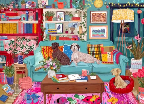 Lucky Puzzles – Paws, Pillows, and Perfect Disorder – 1000 Piece Jigsaw Puzzle for Adults | Cozy Dog Living Room Illustration
