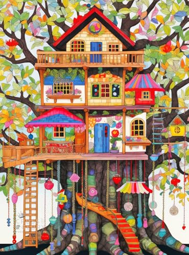 Cross & Glory - Fantastical Treehouse Escape - 500 Piece Jigsaw Puzzle for Adults – Whimsical Treehouse Art, Satin Finish, Bonus Puzzle Guide