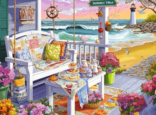 Cross & Glory – Tea at Tidelight – 1000 Piece Jigsaw Puzzle for Adults | Cozy Seaside Porch & Lighthouse Sunset Scene | Whimsical Coastal Puzzle