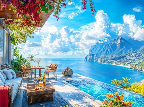 Cross & Glory - Patio by the Sea - 1000 Piece Jigsaw Puzzle for Adults | Serene Coastal Patio and Ocean View Puzzle | Challenging Puzzle for Adults | Eco-Friendly Materials