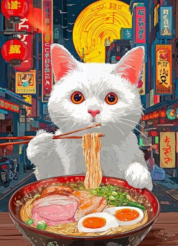 Lucky Puzzles – Midnight Ramen in Tokyo – 1000 Piece Jigsaw Puzzle for Adults | Whimsical Cat Ramen Illustration | Japanese Night Street Art