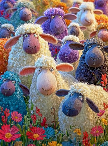 Cross & Glory – All Eyes on Ewe – 1000 Piece Jigsaw Puzzle for Adults | Playful Sheep in Sunny Flower Field | Bright, Whimsical Farm Puzzle