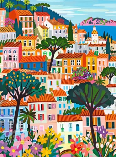 Cross & Glory – A Bright Day in Cannes – 1000 Piece Jigsaw Puzzle for Adults | Modern Folk Art French Riviera Scene | Minimalist, Colorful Travel Puzzle