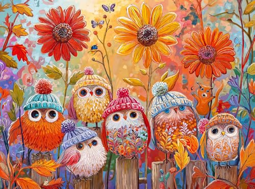 Cross & Glory – A Cozy Little Parliament – 1000 Piece Jigsaw Puzzle for Adults | Cute Autumn Birds in Knitted Hats | Whimsical Fall Forest Puzzle