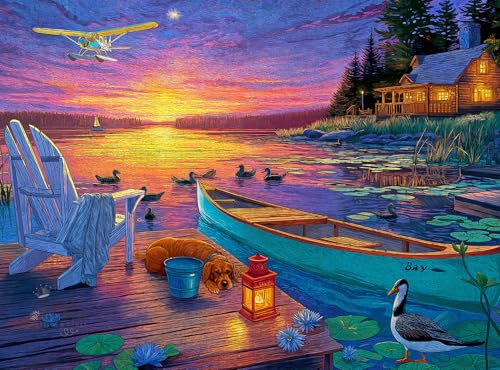 Cross & Glory – Sunset Bay – 1000 Piece Jigsaw Puzzle for Adults | Lakeside Sunset Cabin Scene | Cozy Dock & Canoe Artwork | Premium 1000 Piece Puzzle