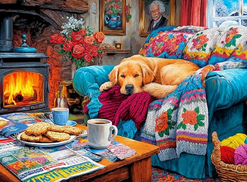 Cross & Glory – A Good Dog – 1000 Piece Jigsaw Puzzle for Adults | Cozy Cabin Fireplace Scene with Sleeping Golden Retriever | Warm, Sentimental Winter Puzzle