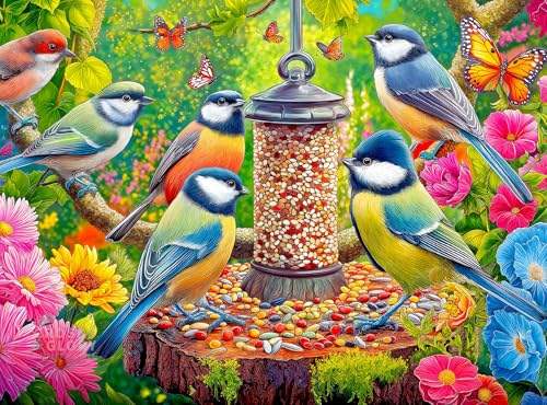 Cross & Glory – Feathers at First Light – 1000 Piece Jigsaw Puzzle for Adults | Colorful Garden Birds & Flowers Scene | Vibrant Nature Puzzle
