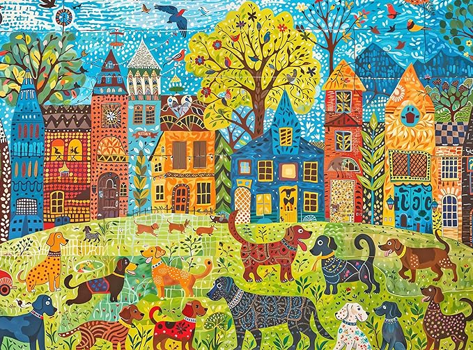 Canidés colorés : Une journée au parc canin - Puzzle 1 000 pièces