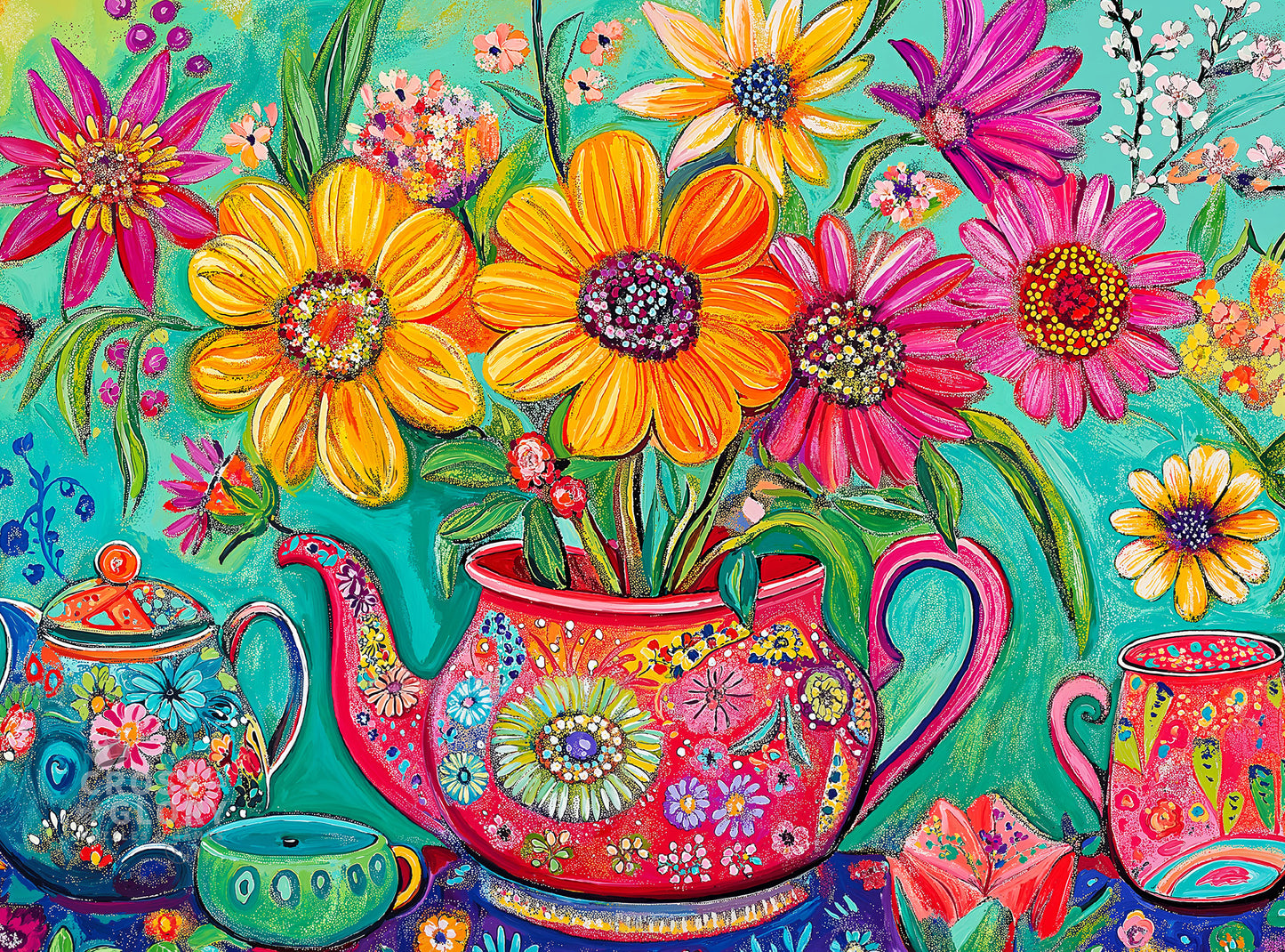 Flower Puzzle – The Colourful Teapot Garden – 1000 Piece Jigsaw Puzzle